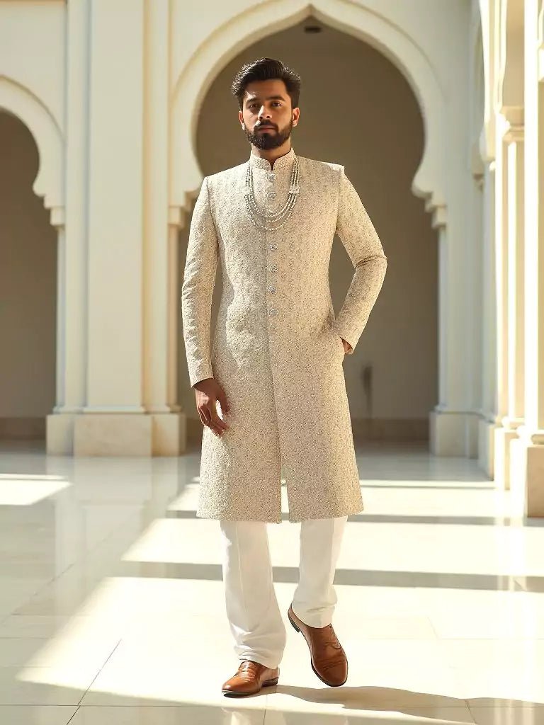 Image of Gold All Over Rich Zardosi with Stones work Tussar Fabric Sherwani - South India Shopping Mall