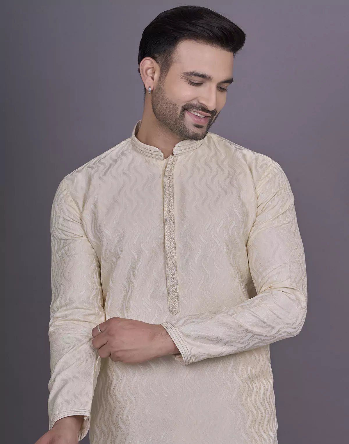 Image of Gold All Over Self Highlighted Thread work Jacquard Kurta Pyjama Set - South India Shopping Mall