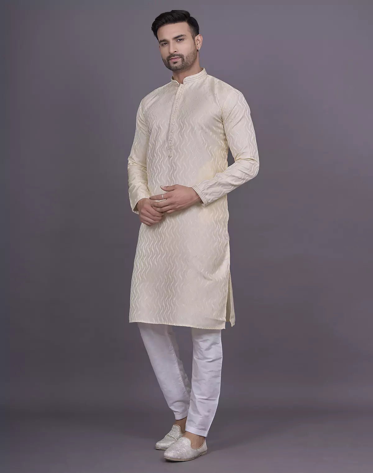 Image of Gold All Over Self Highlighted Thread work Jacquard Kurta Pyjama Set - South India Shopping Mall