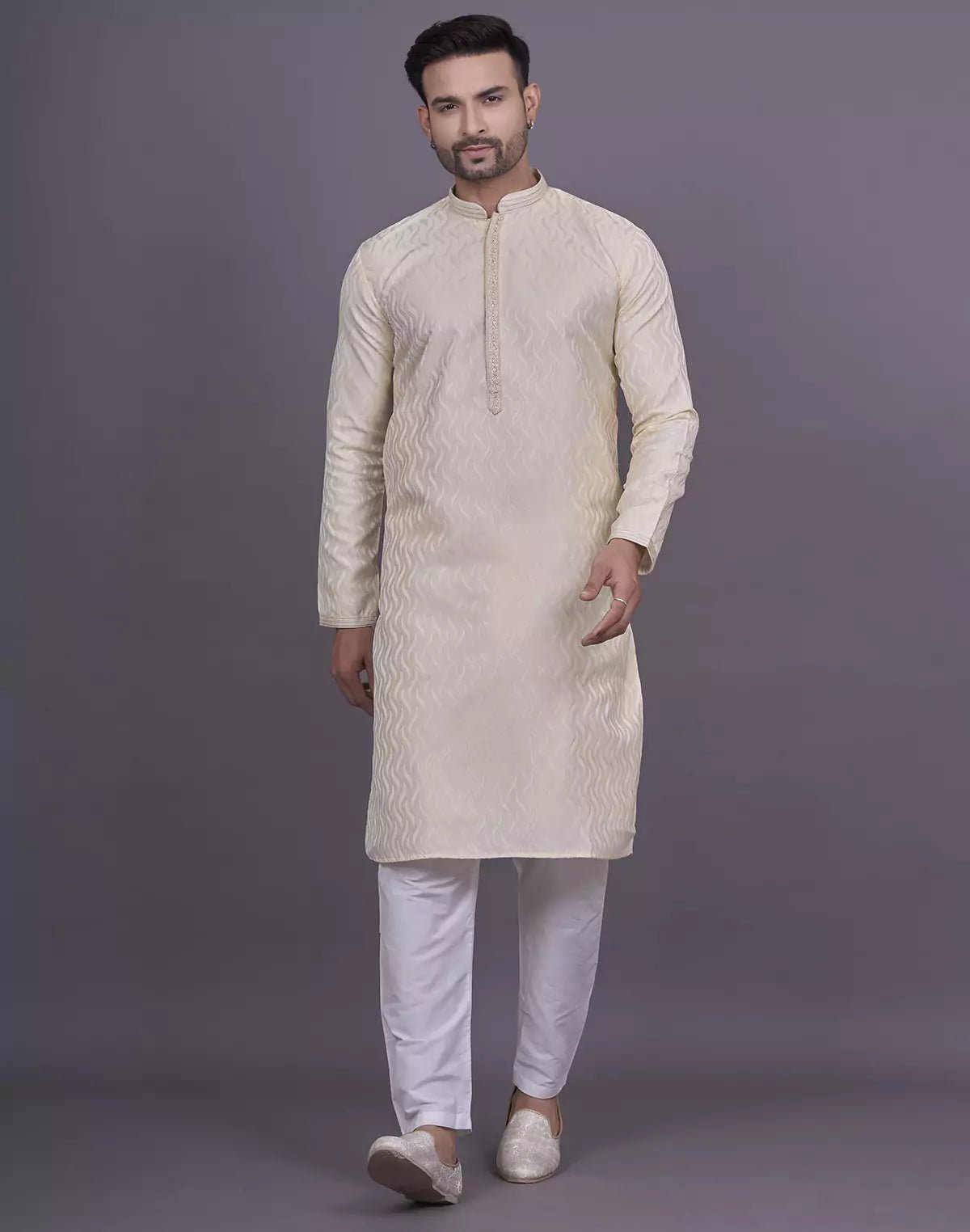 Image of Gold All Over Self Highlighted Thread work Jacquard Kurta Pyjama Set - South India Shopping Mall