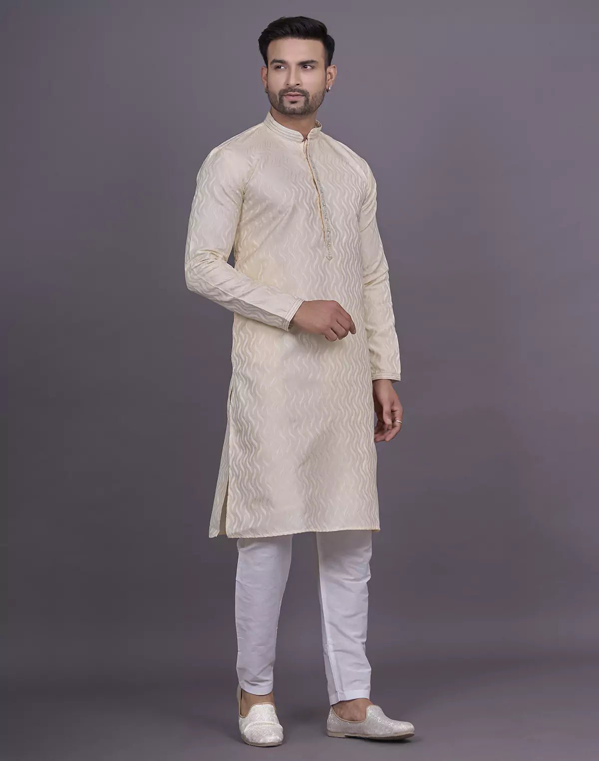 Image of Gold All Over Self Highlighted Thread work Jacquard Kurta Pyjama Set - South India Shopping Mall