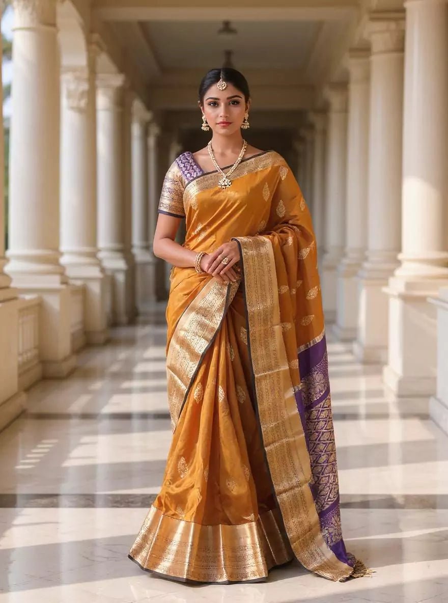 Image of Gold and Blue Floral Zari Kanchi Soft Silk Saree - South India Shopping Mall