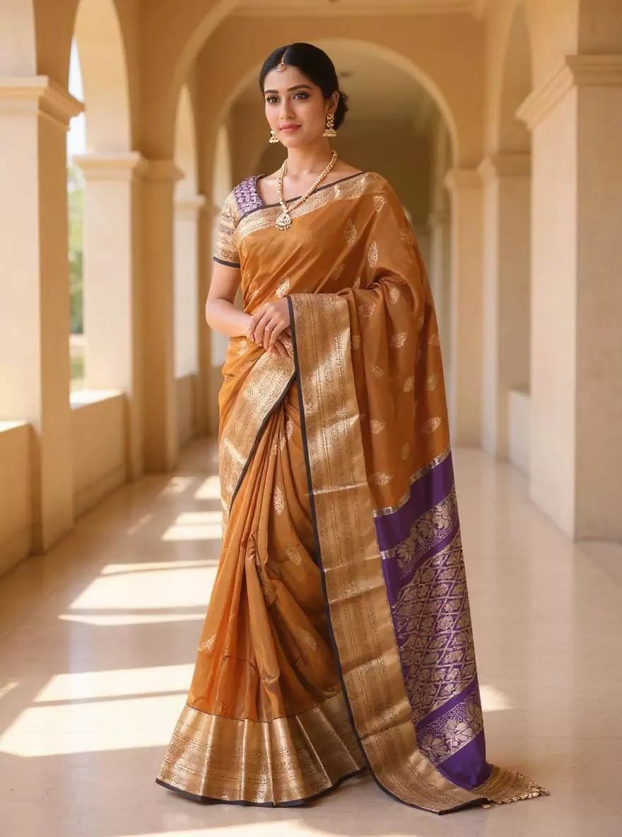 Image of Gold and Blue Floral Zari Kanchi Soft Silk Saree - South India Shopping Mall