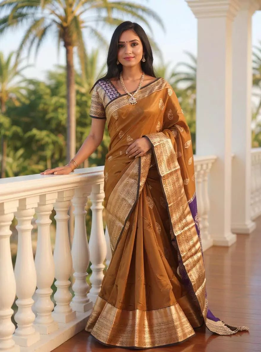 Image of Gold and Blue Floral Zari Kanchi Soft Silk Saree - South India Shopping Mall