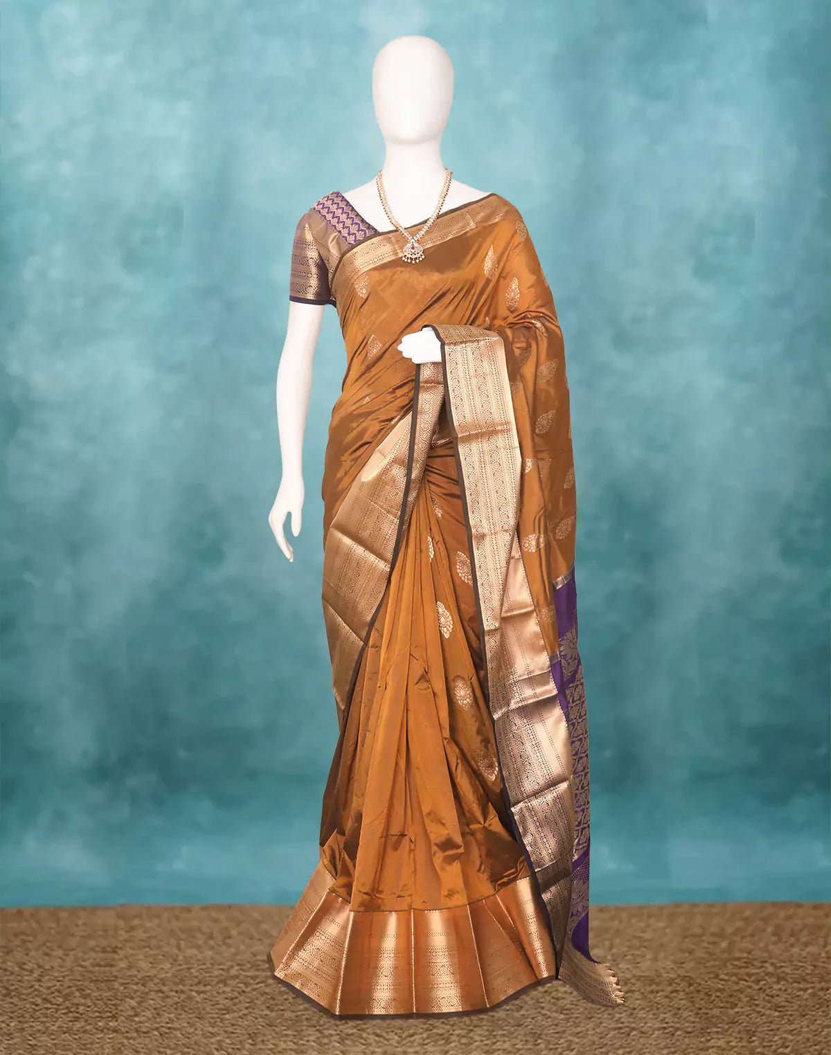 Image of Gold and Blue Floral Zari Kanchi Soft Silk Saree - South India Shopping Mall