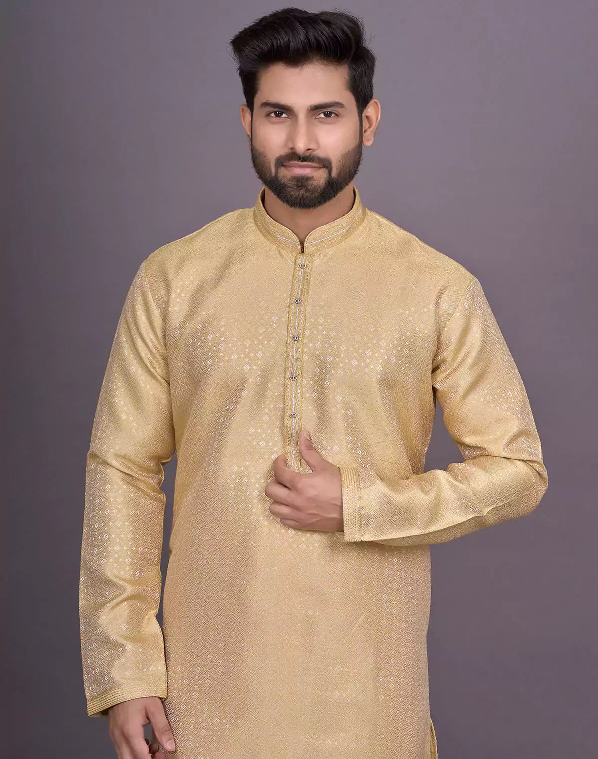Image of Gold Coloured Self Design Jacquard Kurta Pajama - South India Shopping Mall