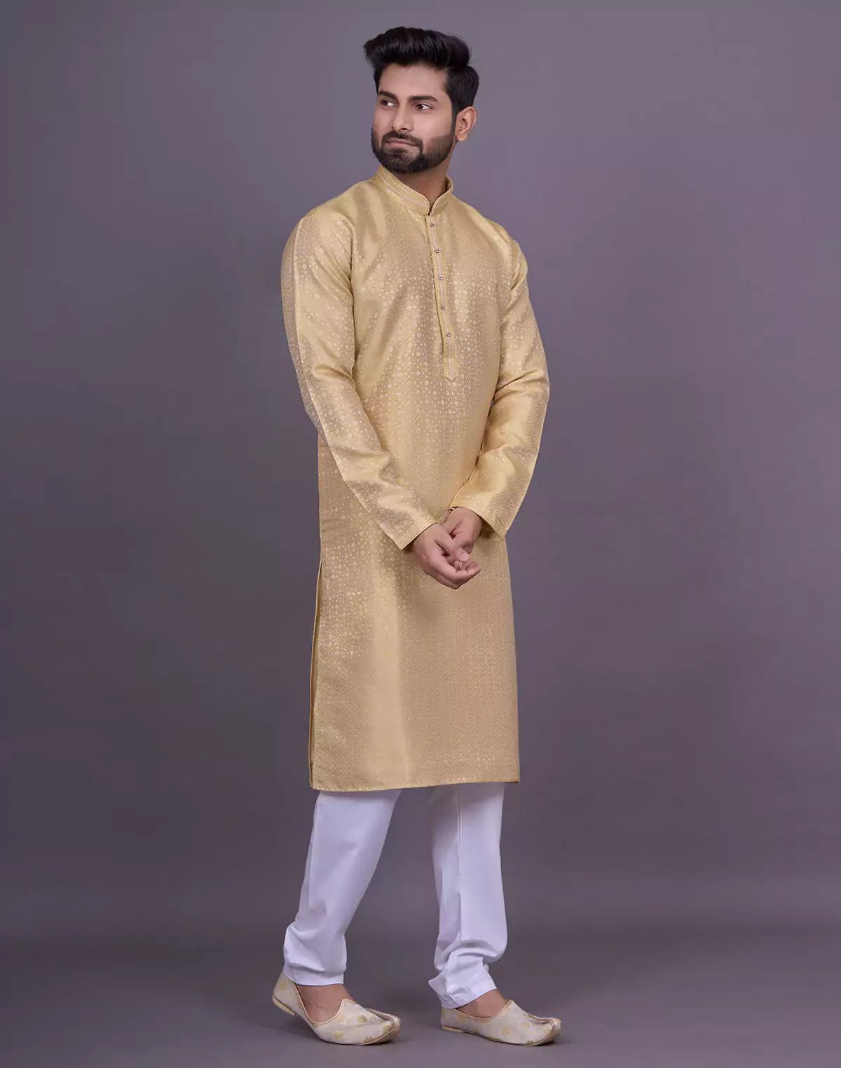 Image of Gold Coloured Self Design Jacquard Kurta Pajama - South India Shopping Mall