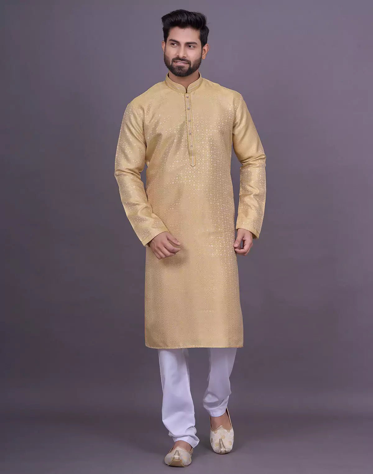 Image of Gold Coloured Self Design Jacquard Kurta Pajama - South India Shopping Mall