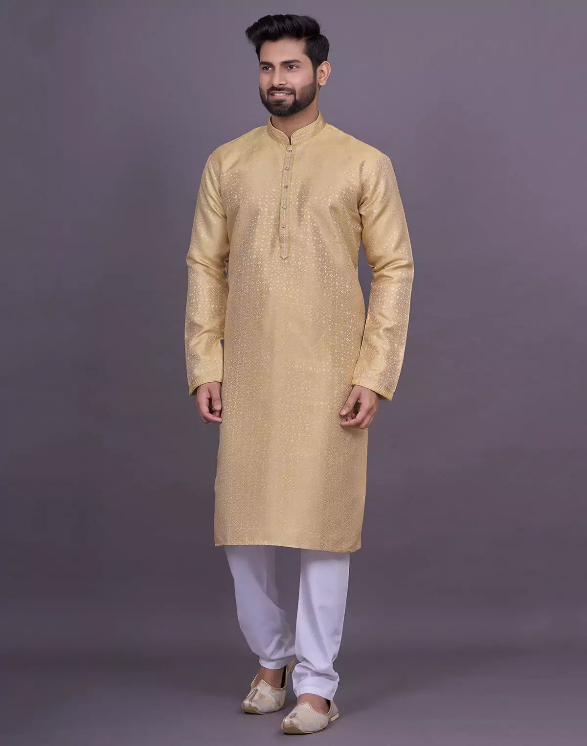 Image of Gold Coloured Self Design Jacquard Kurta Pajama - South India Shopping Mall
