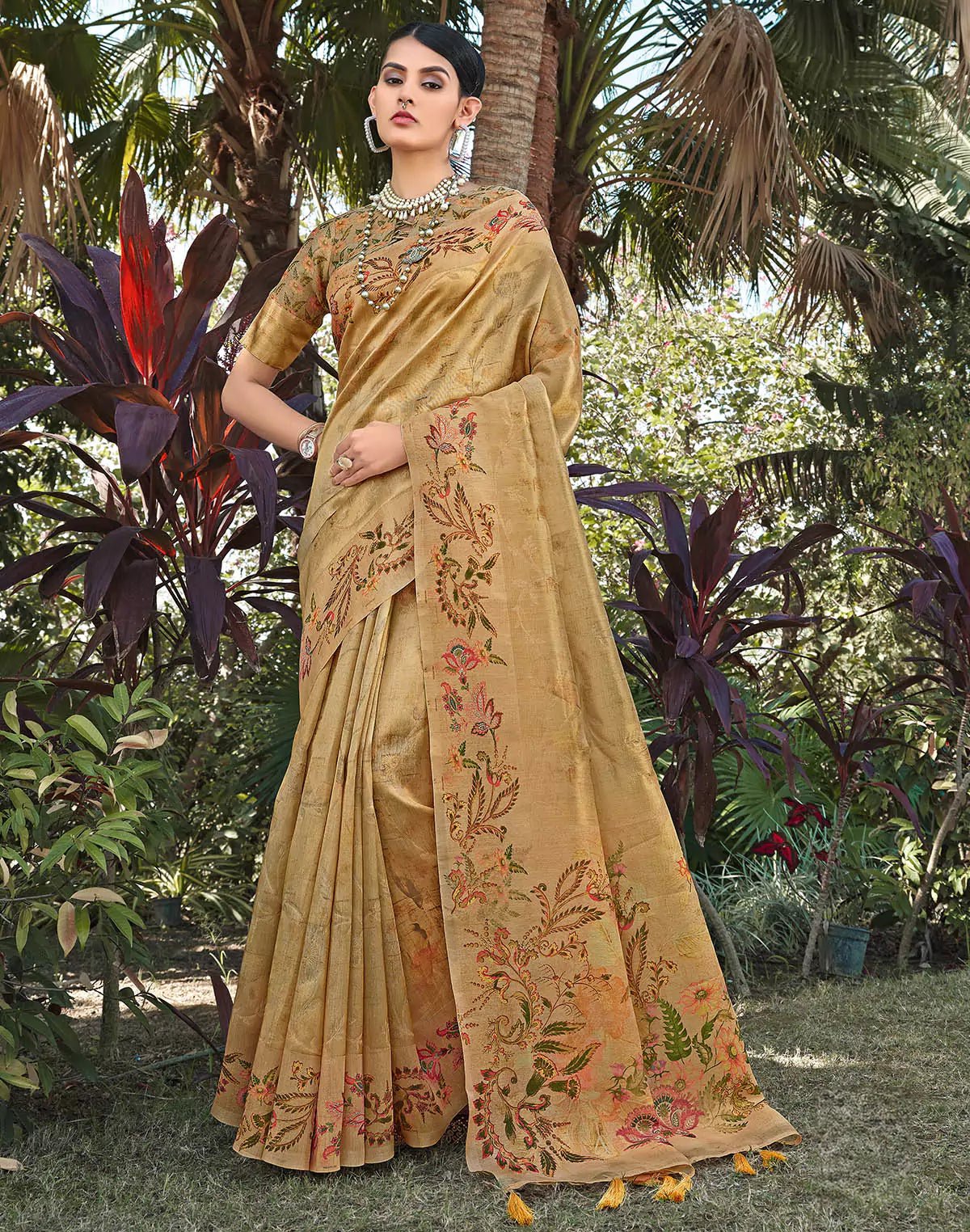 Image of Gold Floral Motifs Tissue Saree - South India Shopping Mall