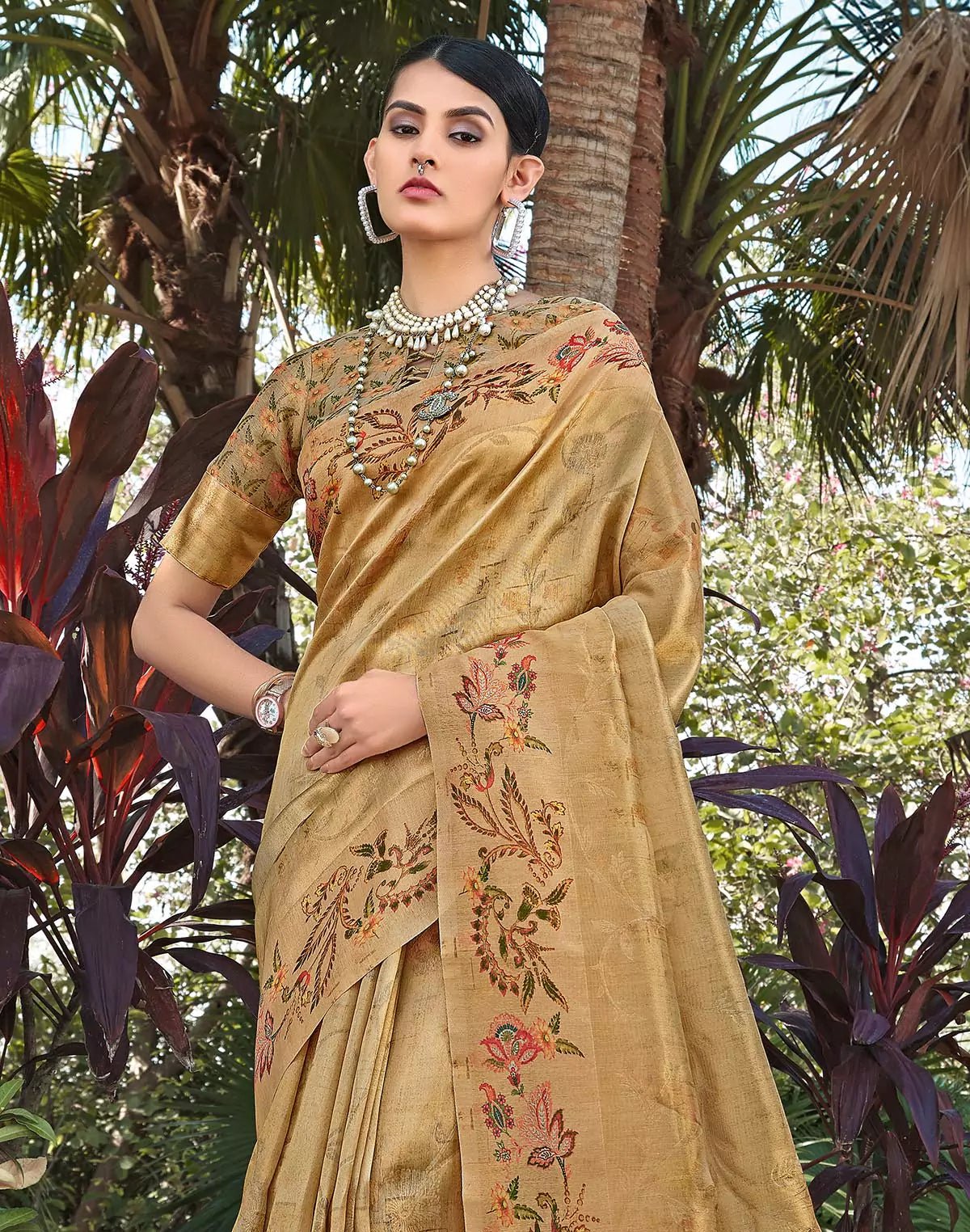 Image of Gold Floral Motifs Tissue Saree - South India Shopping Mall