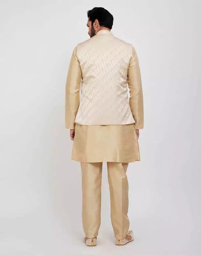 Image of Gold Jacquard 3D Self Plain Kurta Set - South India Shopping Mall