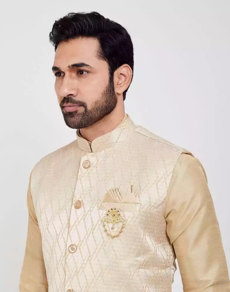 Image of Gold Jacquard 3D Self Plain Kurta Set - South India Shopping Mall