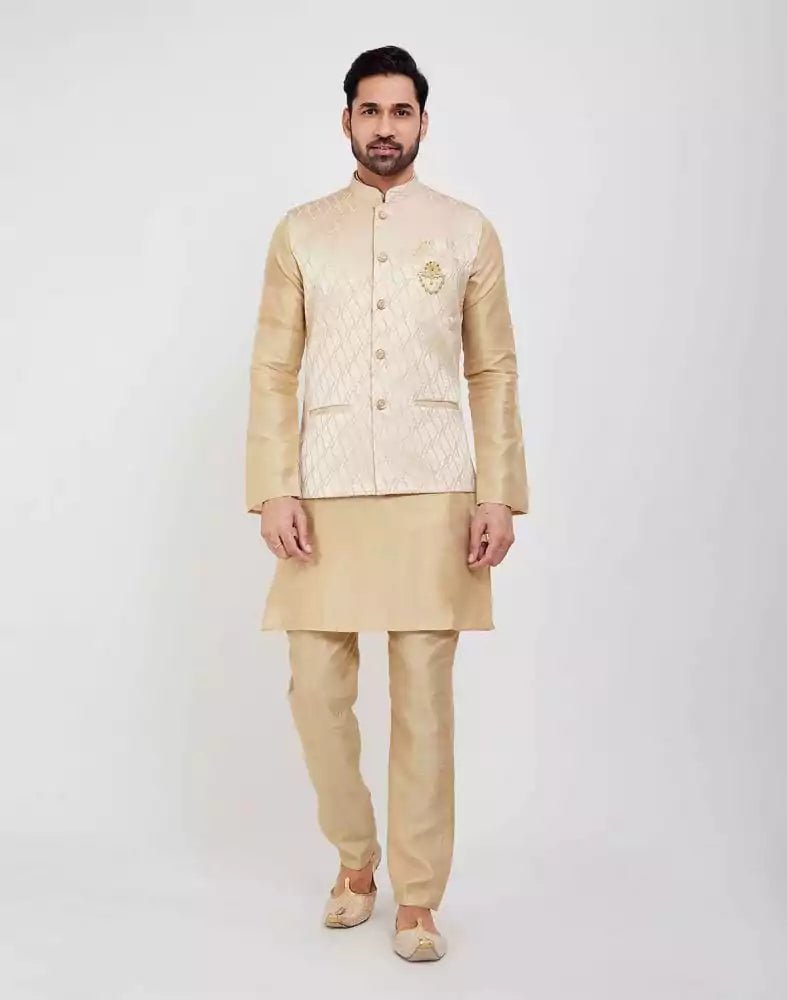 Image of Gold Jacquard 3D Self Plain Kurta Set - South India Shopping Mall