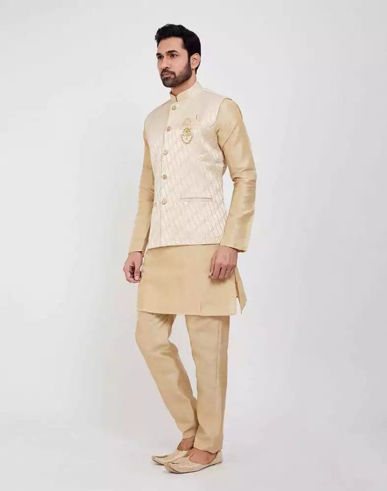 Image of Gold Jacquard 3D Self Plain Kurta Set - South India Shopping Mall