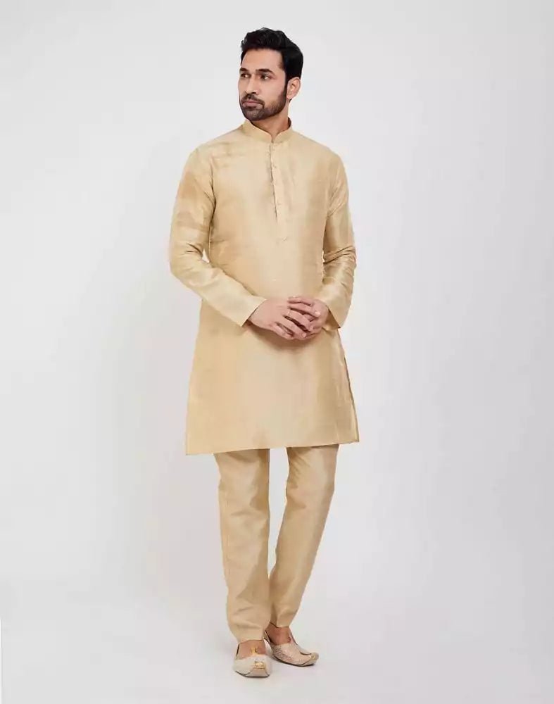 Image of Gold Jacquard 3D Self Plain Kurta Set - South India Shopping Mall