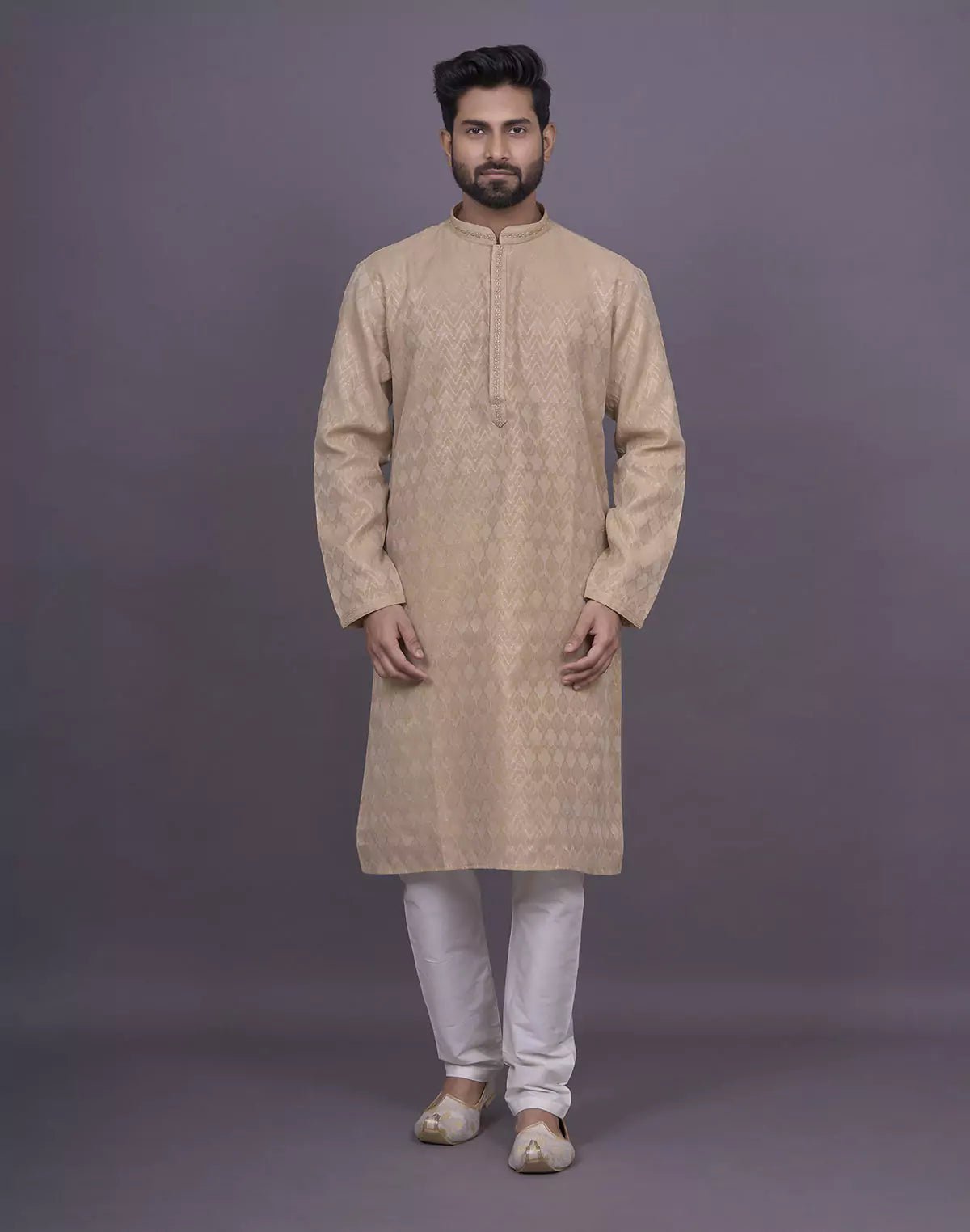 Image of Gold Self Design Raw Silk Kurta Set - South India Shopping Mall