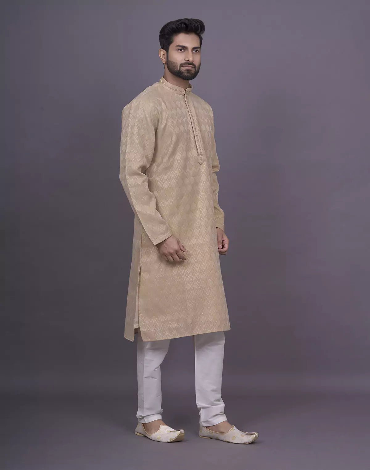 Image of Gold Self Design Raw Silk Kurta Set - South India Shopping Mall