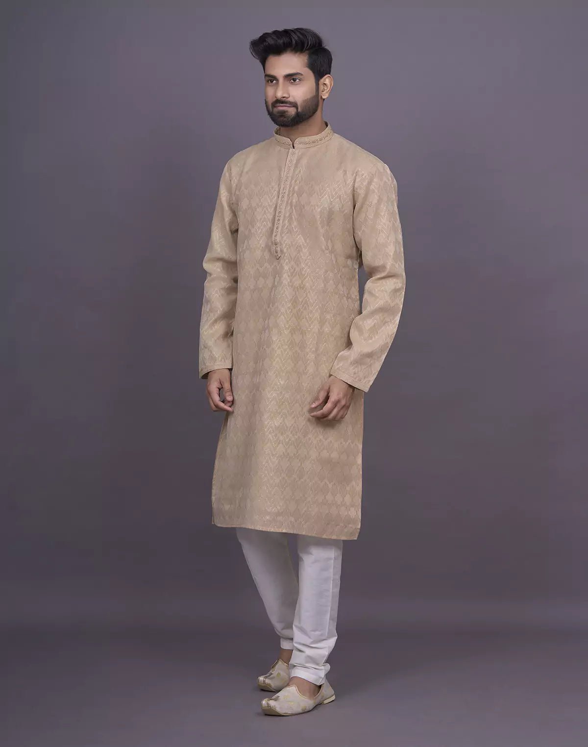 Image of Gold Self Design Raw Silk Kurta Set - South India Shopping Mall