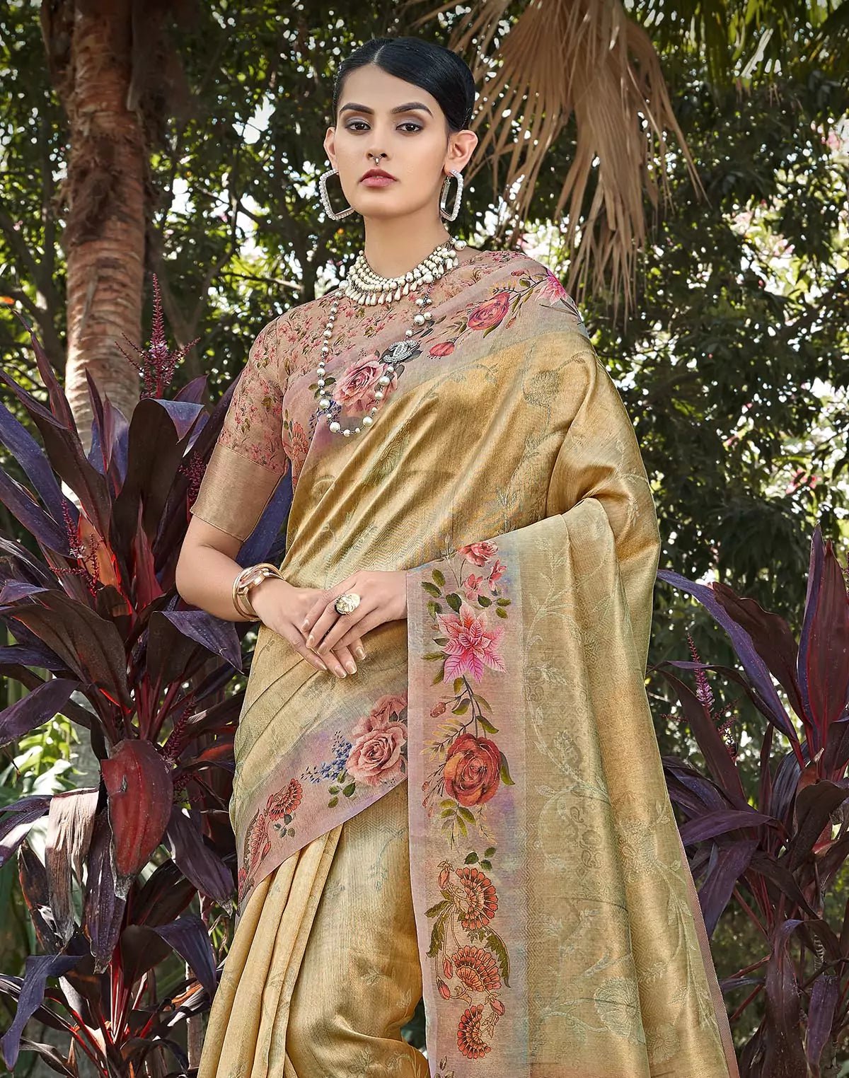 Gold Tissue Saree with Floral Border - South India Shopping Mall