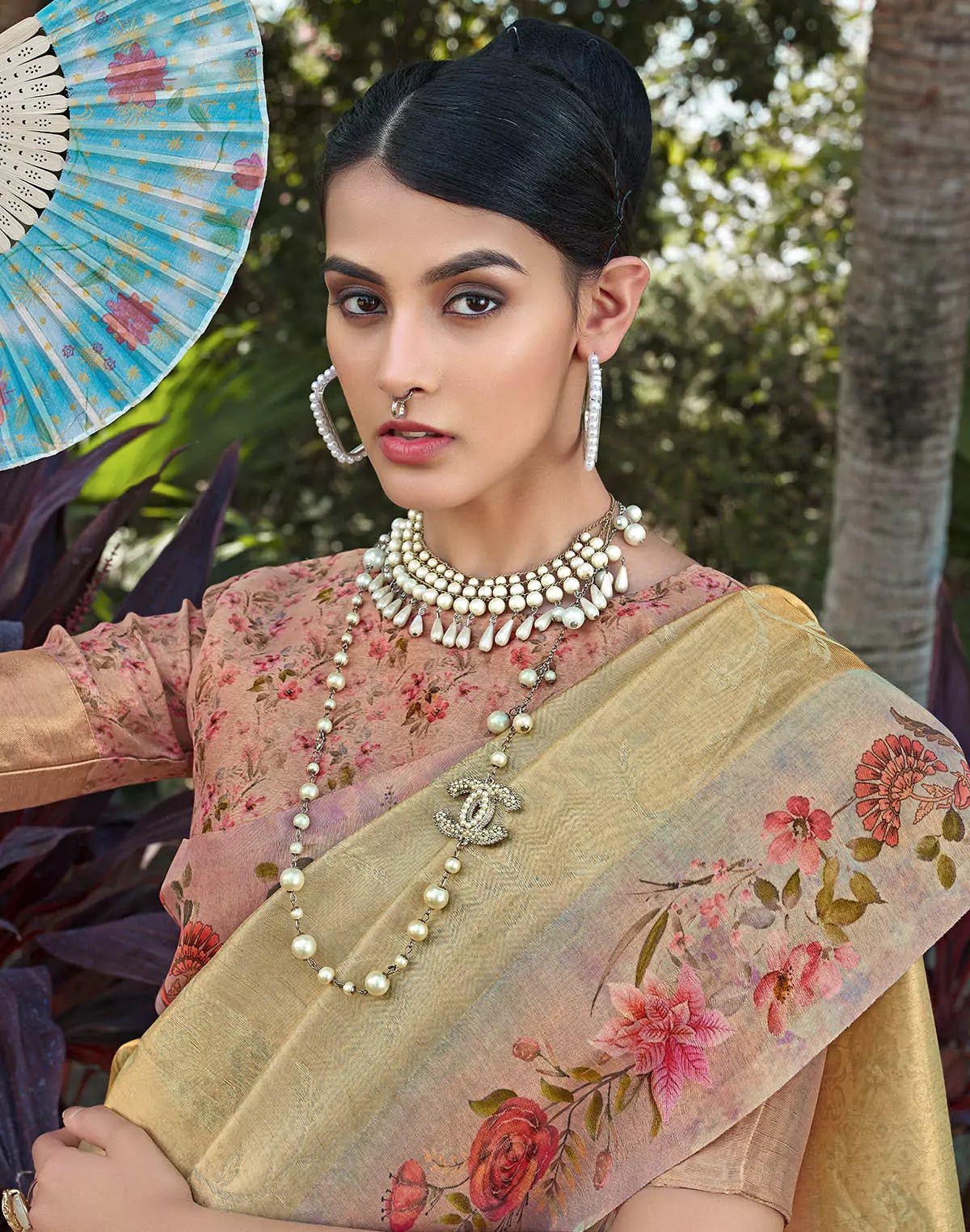 Gold Tissue Saree with Floral Border - South India Shopping Mall