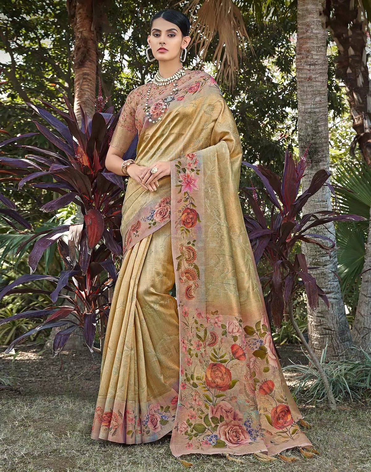 Gold Tissue Saree with Floral Border - South India Shopping Mall