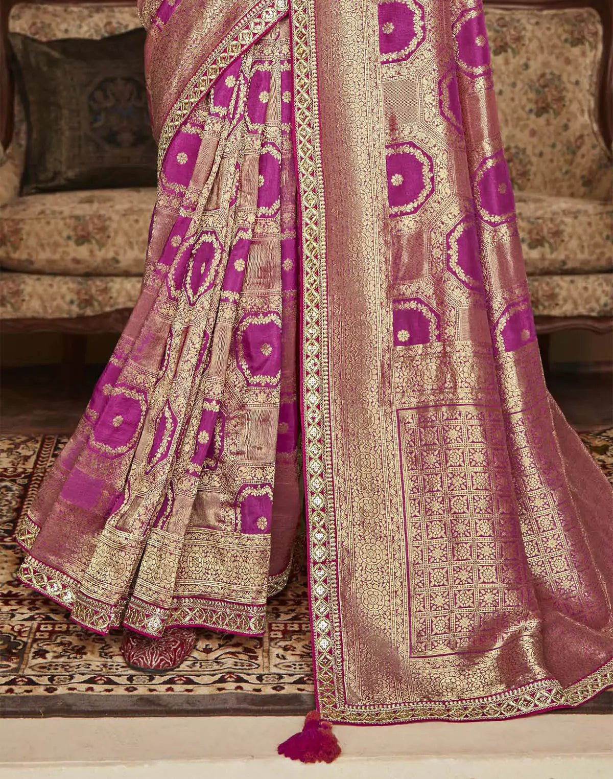 Image of Golden Pink Floral Soft Dola Silk Designer Saree - South India Shopping Mall