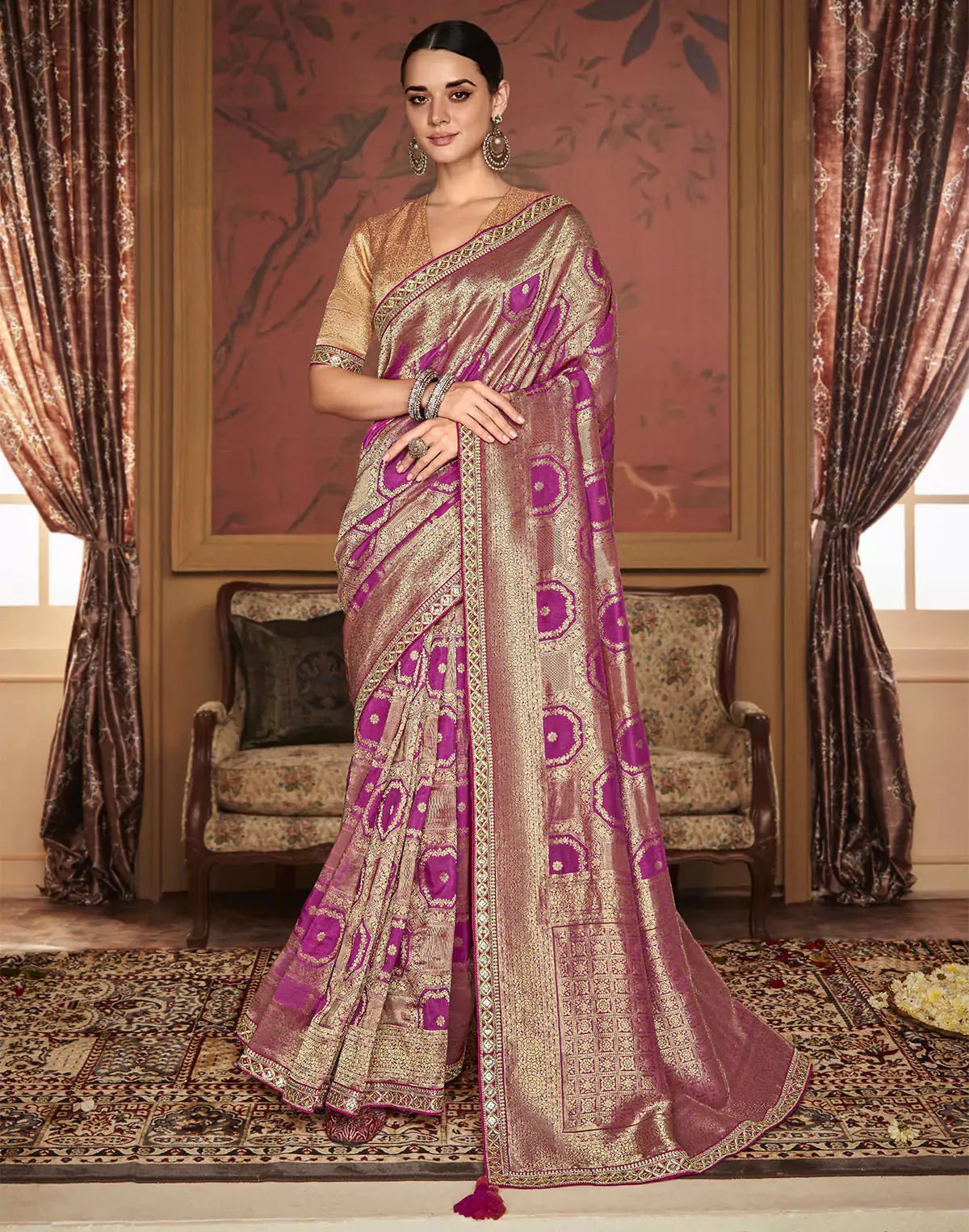 Image of Golden Pink Floral Soft Dola Silk Designer Saree - South India Shopping Mall