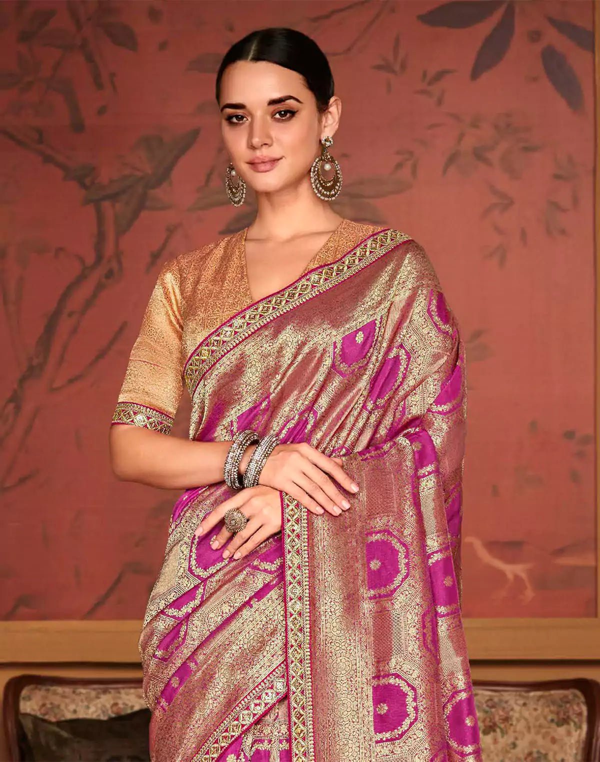 Image of Golden Pink Floral Soft Dola Silk Designer Saree - South India Shopping Mall