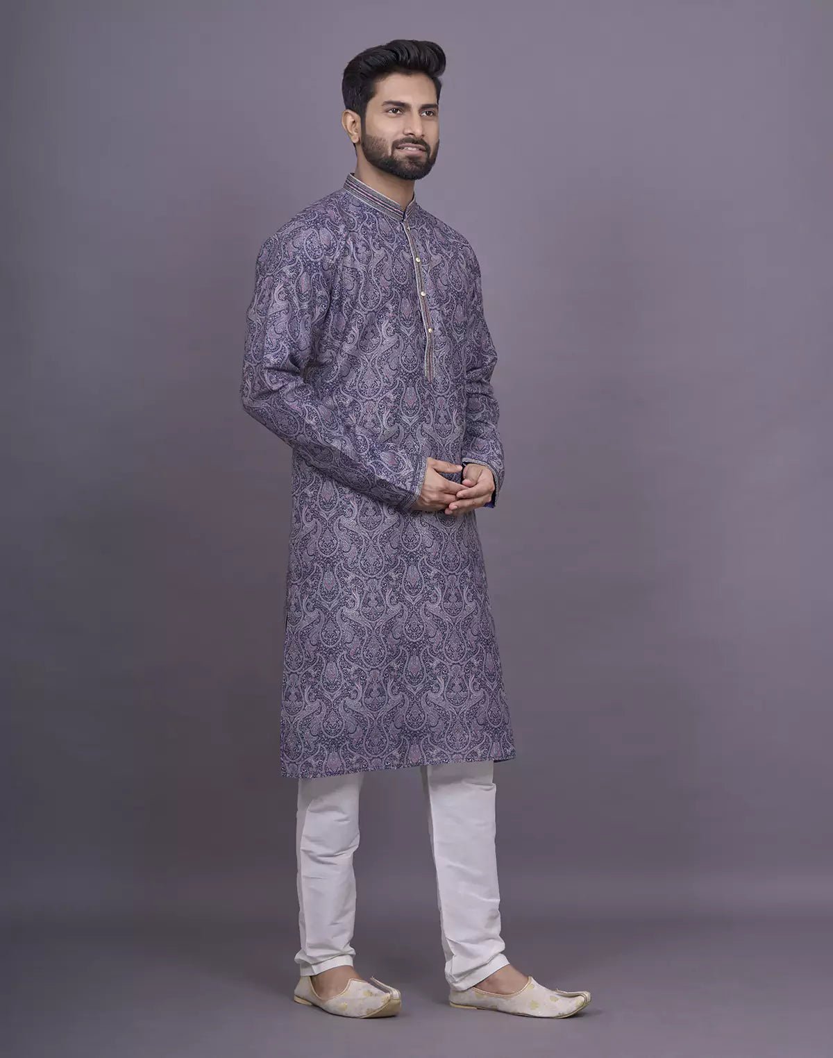 Image of Graceful Blue Coloured Floral Printed Jacquard Kurta Pyjama Set - South India Shopping Mall