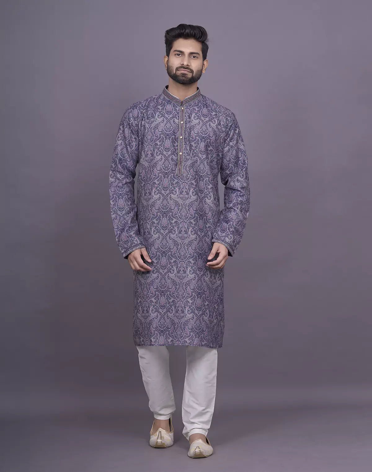 Image of Graceful Blue Coloured Floral Printed Jacquard Kurta Pyjama Set - South India Shopping Mall
