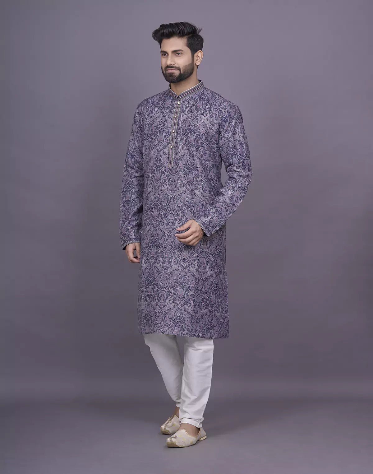 Image of Graceful Blue Coloured Floral Printed Jacquard Kurta Pyjama Set - South India Shopping Mall