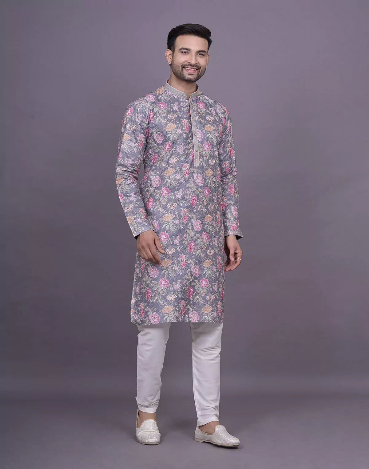 Image of Graceful Grey Colour Floral Print Raw Silk Kurta Pyjama Set - South India Shopping Mall