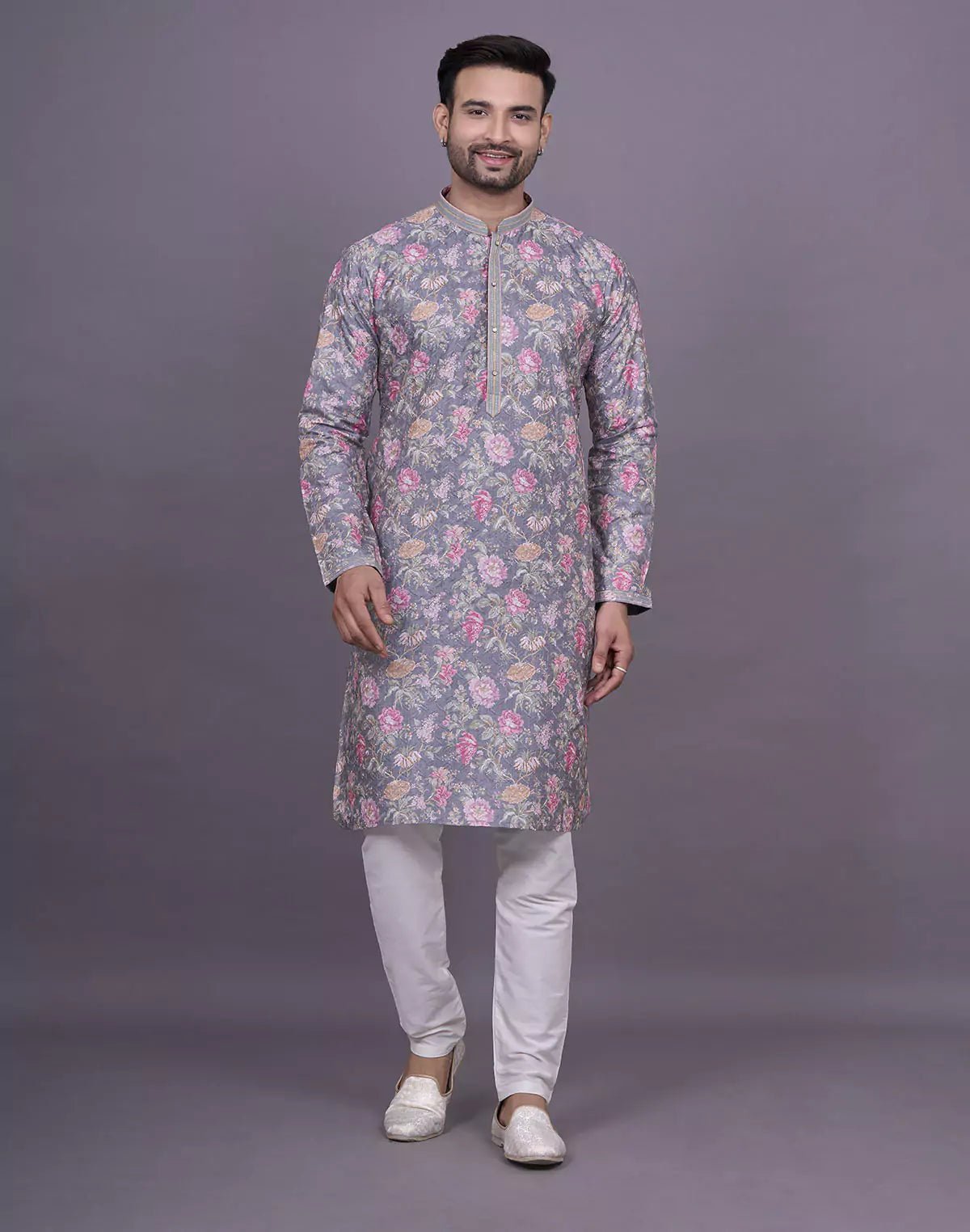 Image of Graceful Grey Colour Floral Print Raw Silk Kurta Pyjama Set - South India Shopping Mall
