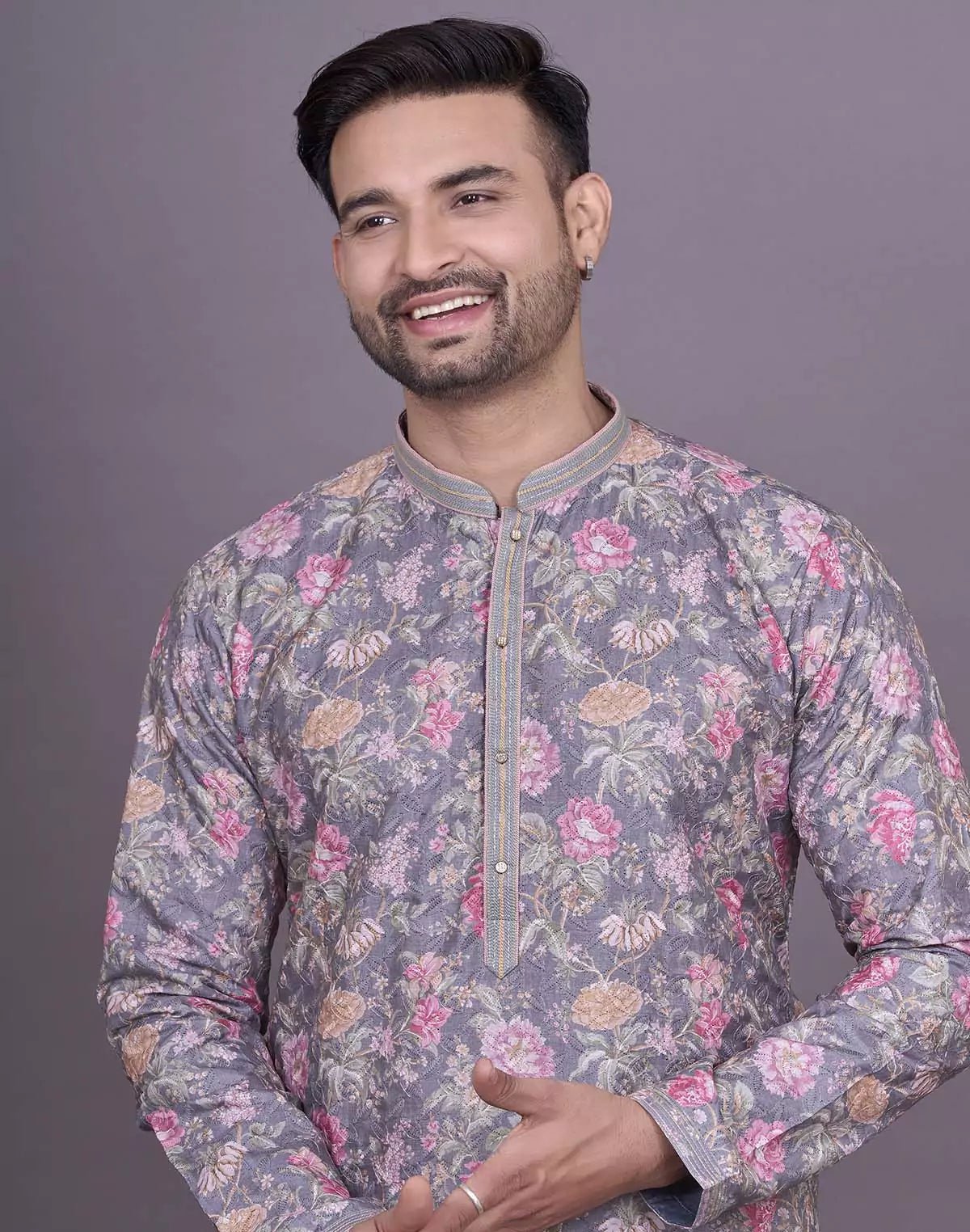 Image of Graceful Grey Colour Floral Print Raw Silk Kurta Pyjama Set - South India Shopping Mall