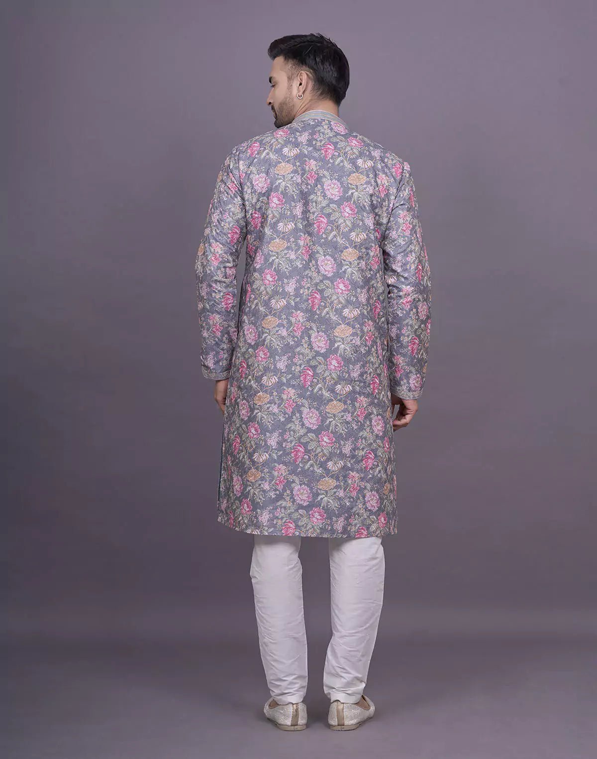 Image of Graceful Grey Colour Floral Print Raw Silk Kurta Pyjama Set - South India Shopping Mall