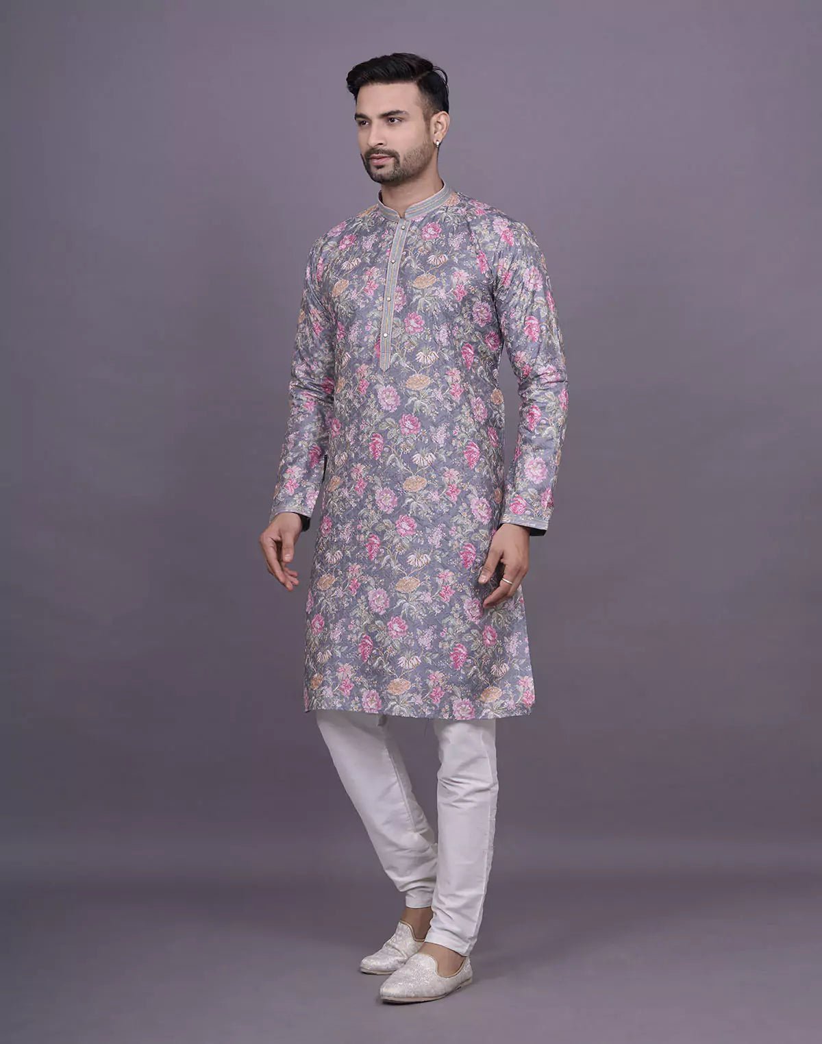 Image of Graceful Grey Colour Floral Print Raw Silk Kurta Pyjama Set - South India Shopping Mall