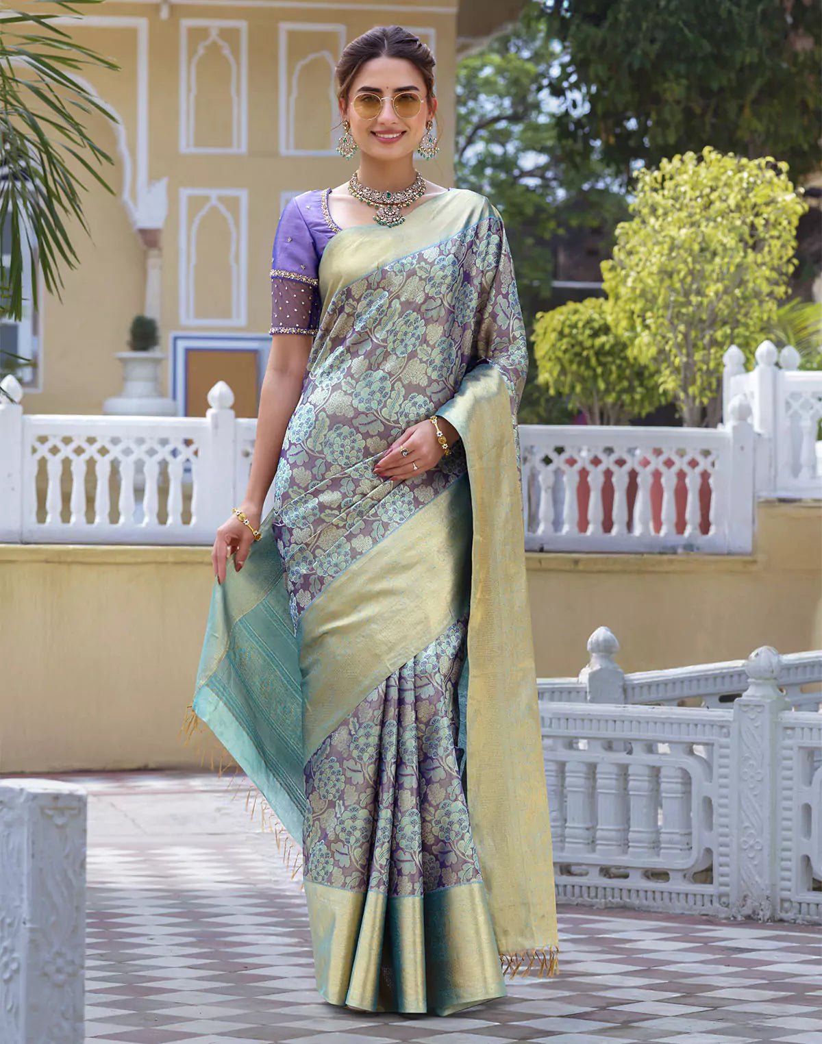 Image of Graceful Light Purple Floral Pure Silk Saree - South India Shopping Mall