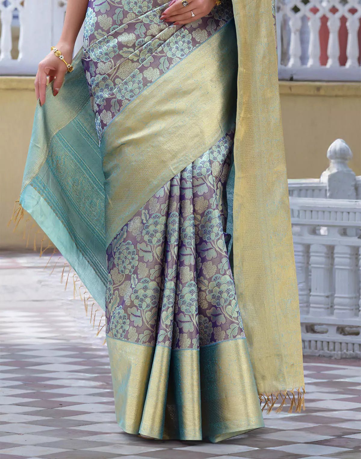 Image of Graceful Light Purple Floral Pure Silk Saree - South India Shopping Mall