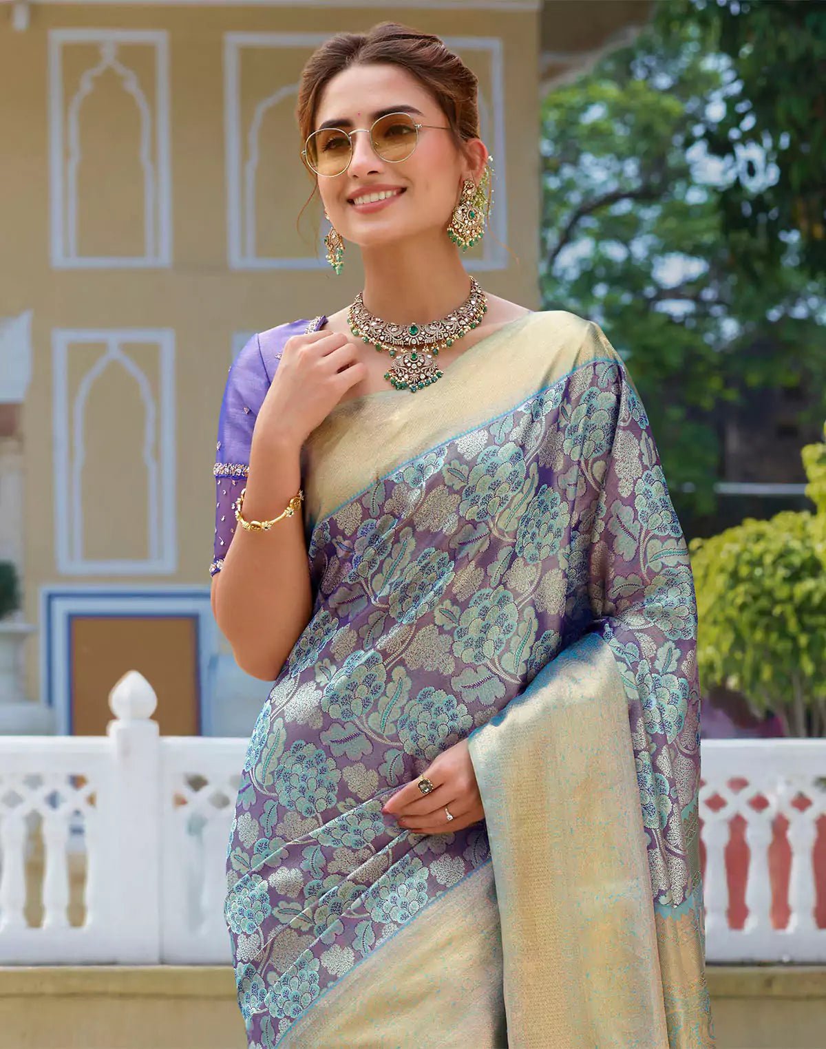 Image of Graceful Light Purple Floral Pure Silk Saree - South India Shopping Mall