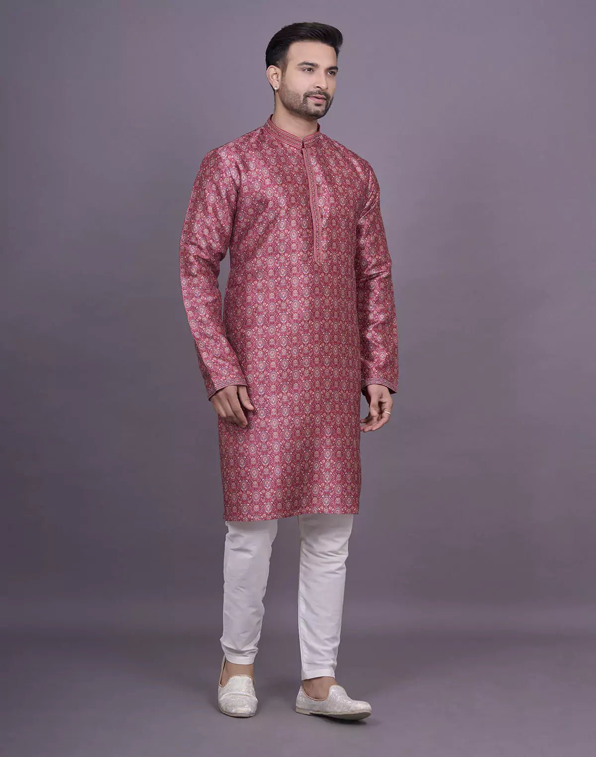 Image of Graceful Maroon Coloured Floral Printed Raw Silk Kurta Pyjama Set - South India Shopping Mall