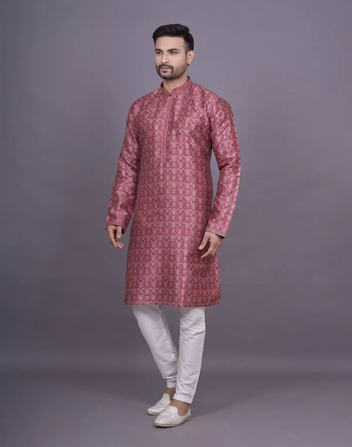 Image of Graceful Maroon Coloured Floral Printed Raw Silk Kurta Pyjama Set - South India Shopping Mall