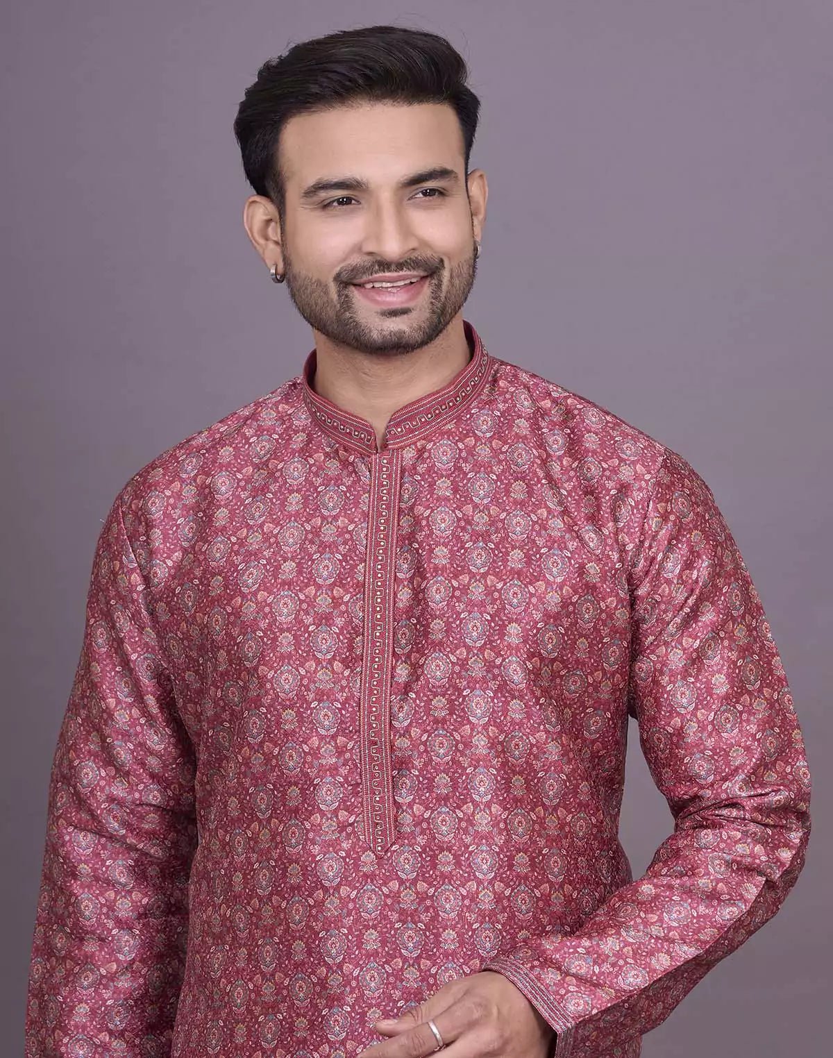 Image of Graceful Maroon Coloured Floral Printed Raw Silk Kurta Pyjama Set - South India Shopping Mall