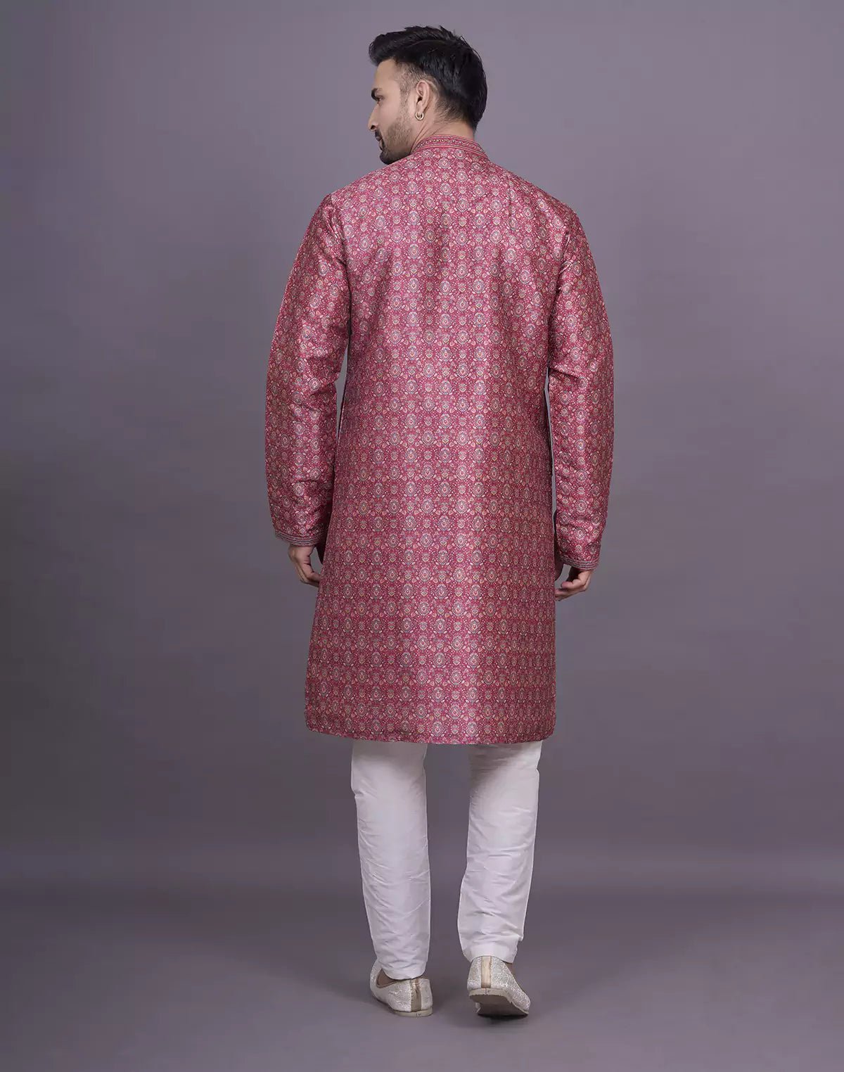 Image of Graceful Maroon Coloured Floral Printed Raw Silk Kurta Pyjama Set - South India Shopping Mall