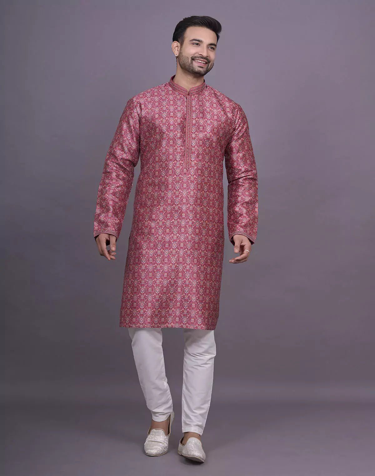 Image of Graceful Maroon Coloured Floral Printed Raw Silk Kurta Pyjama Set - South India Shopping Mall