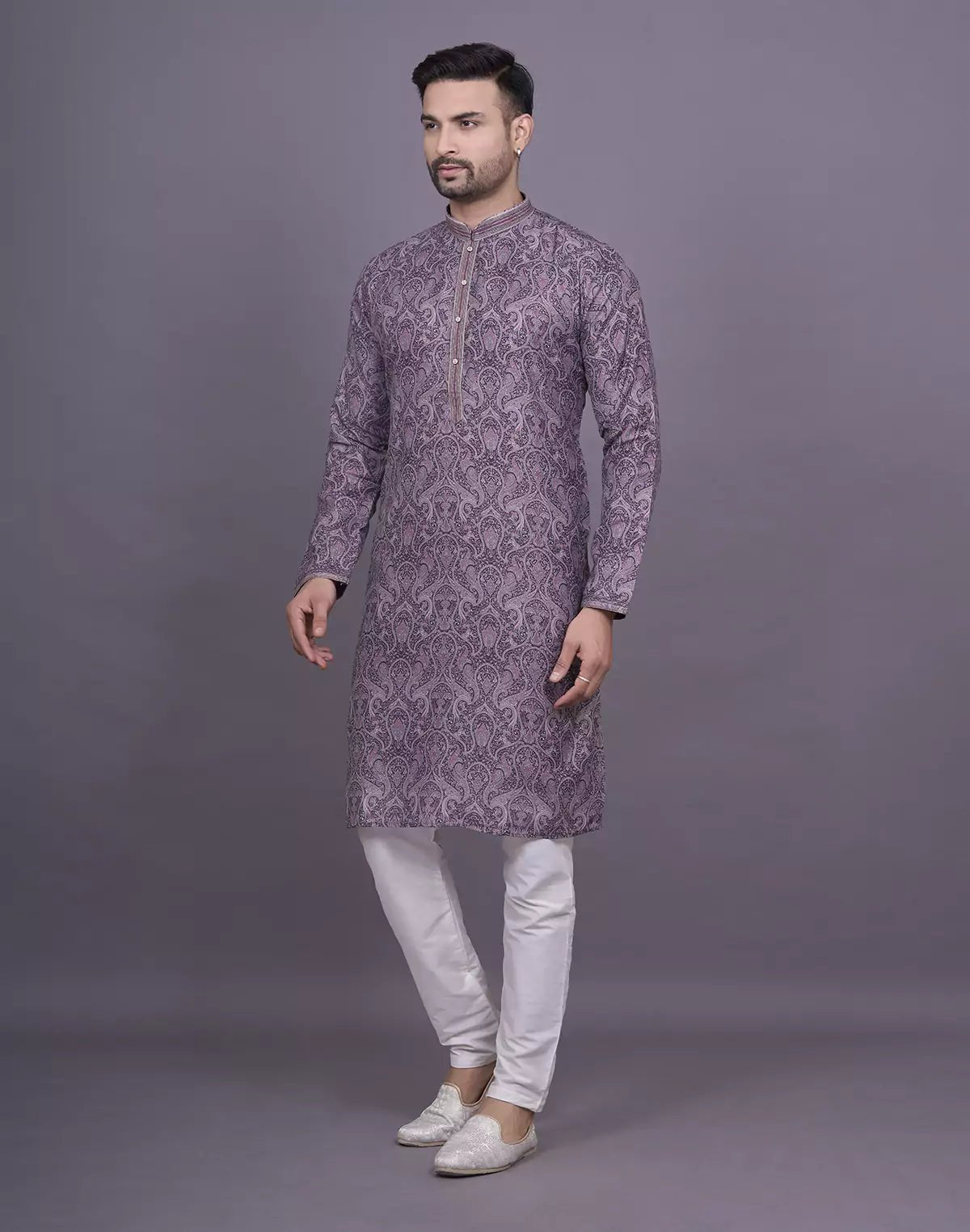 Image of Graceful Maroon Floral Printed Jacquard Kurta Pyjama Set - South India Shopping Mall