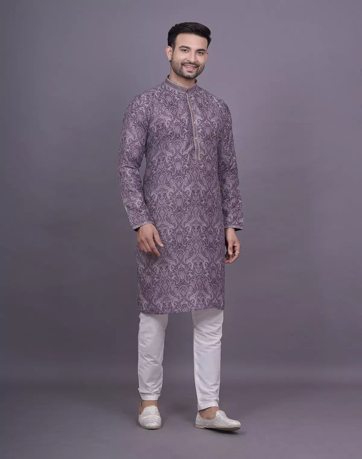 Image of Graceful Maroon Floral Printed Jacquard Kurta Pyjama Set - South India Shopping Mall