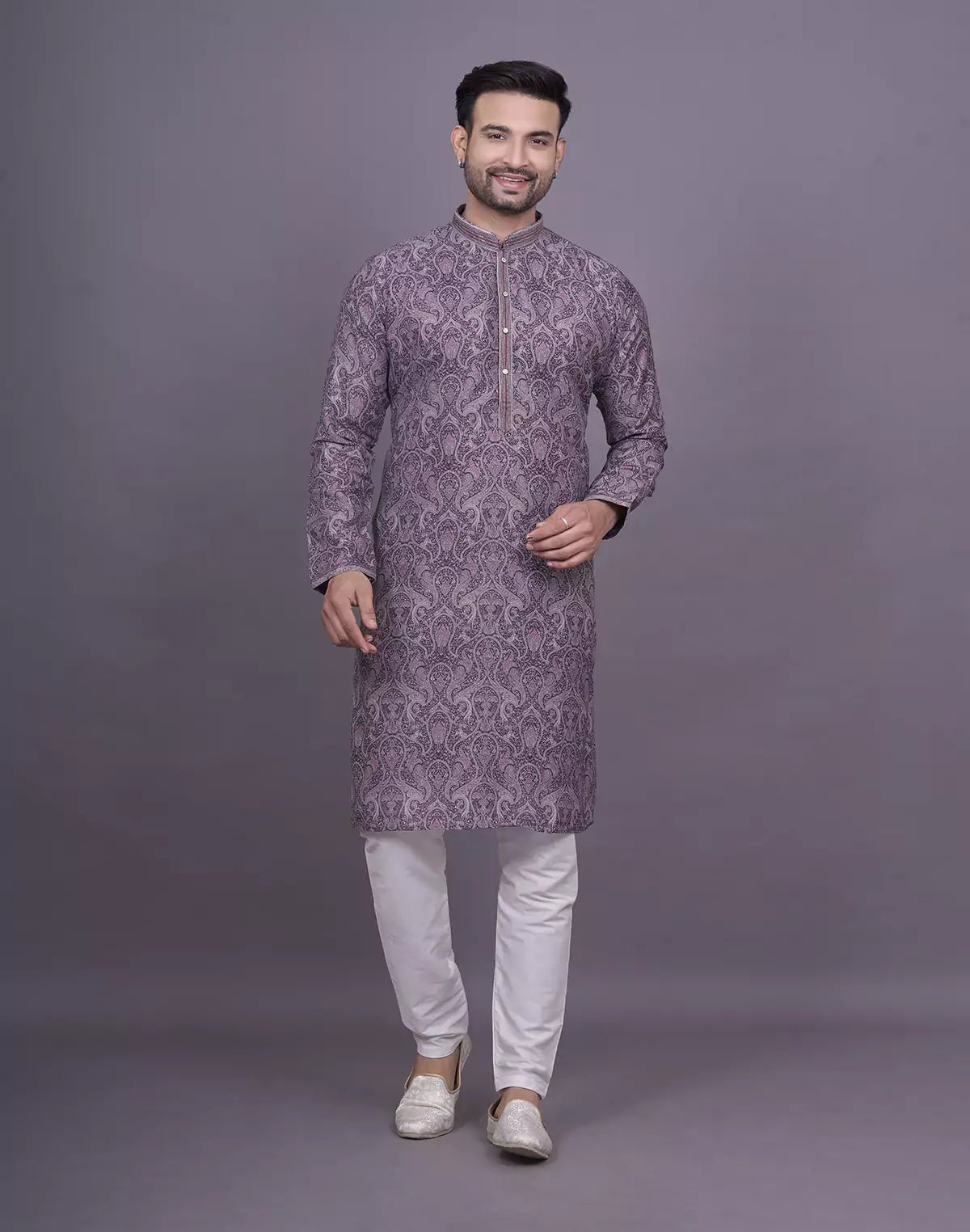 Image of Graceful Maroon Floral Printed Jacquard Kurta Pyjama Set - South India Shopping Mall
