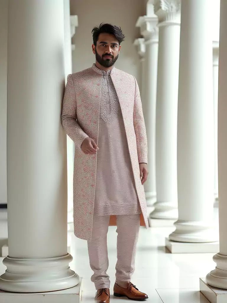 Image of Graceful Onion Floral Motifs Embroidery with Mirror work Matka Silk Indo - Open Jacket - South India Shopping Mall