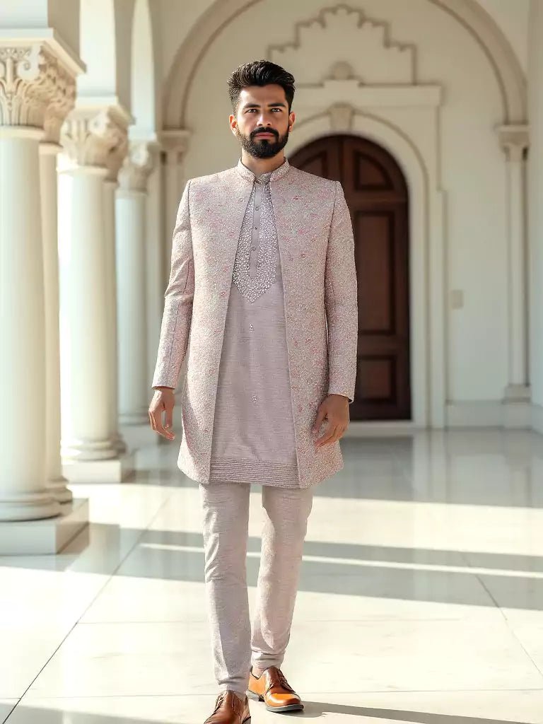Image of Graceful Onion Floral Motifs Embroidery with Mirror work Matka Silk Indo - Open Jacket - South India Shopping Mall